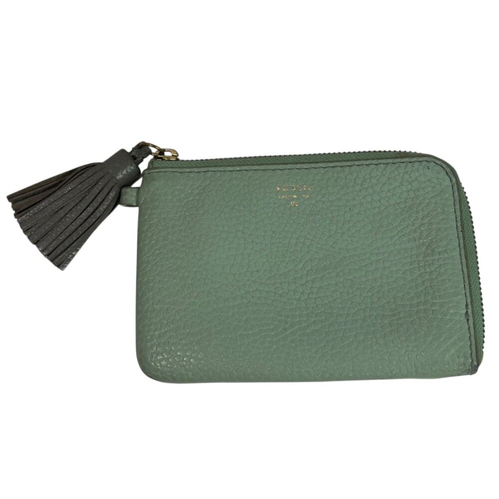 Fossil Tara Wristlet Green‎ Pebbled Leather Gray Tassel 6 x 4 Inch
